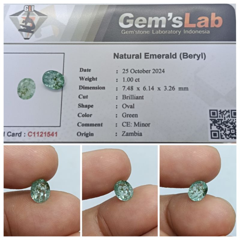 Natural Emerald Beryl 1 ct Zambia Minor memo GLI zamrud