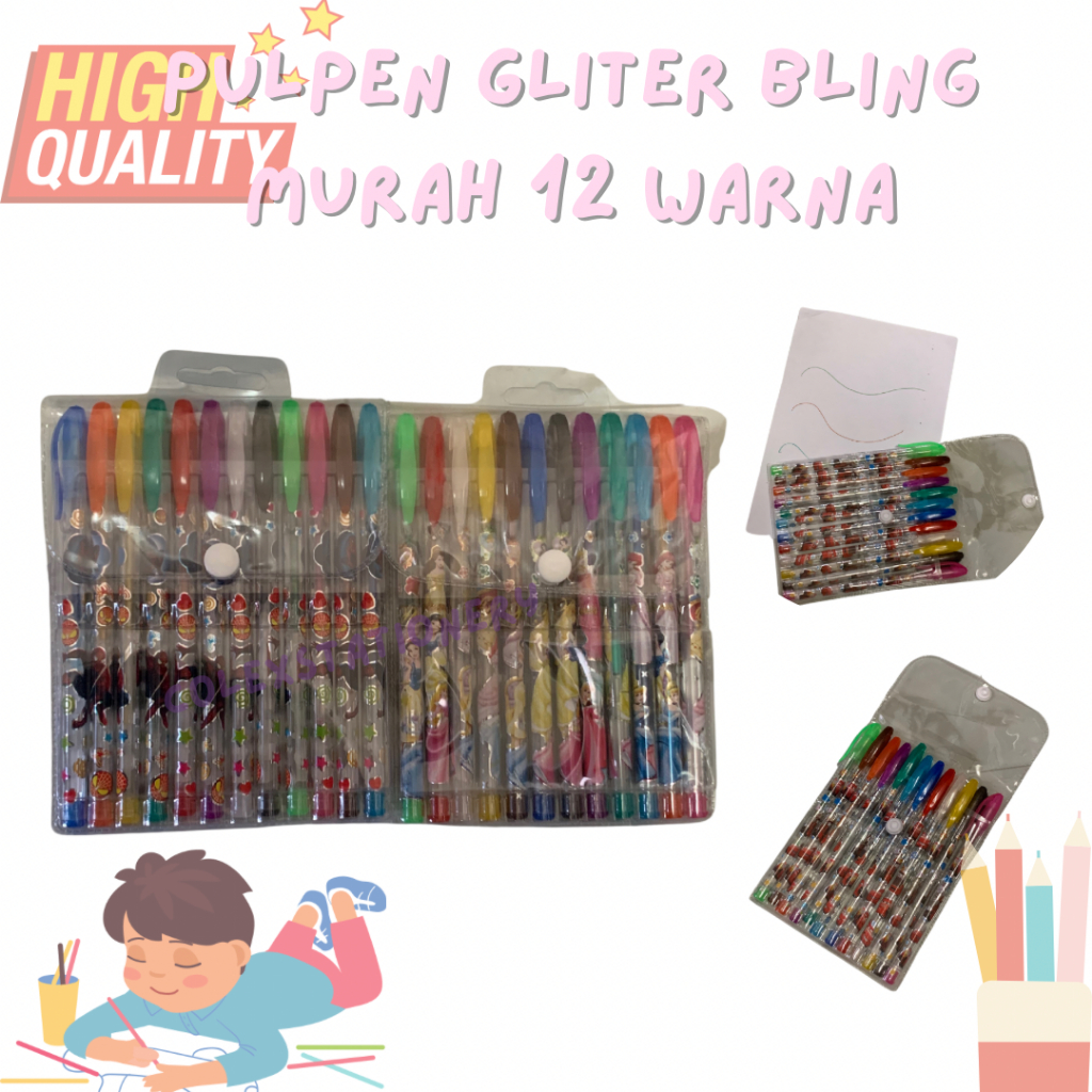 

Pulpen Warna-Warni / Pulpen Glitter Bling Karakter Disney Anak / Pen Glitter Murah Isi 12 Warna (1 Set)