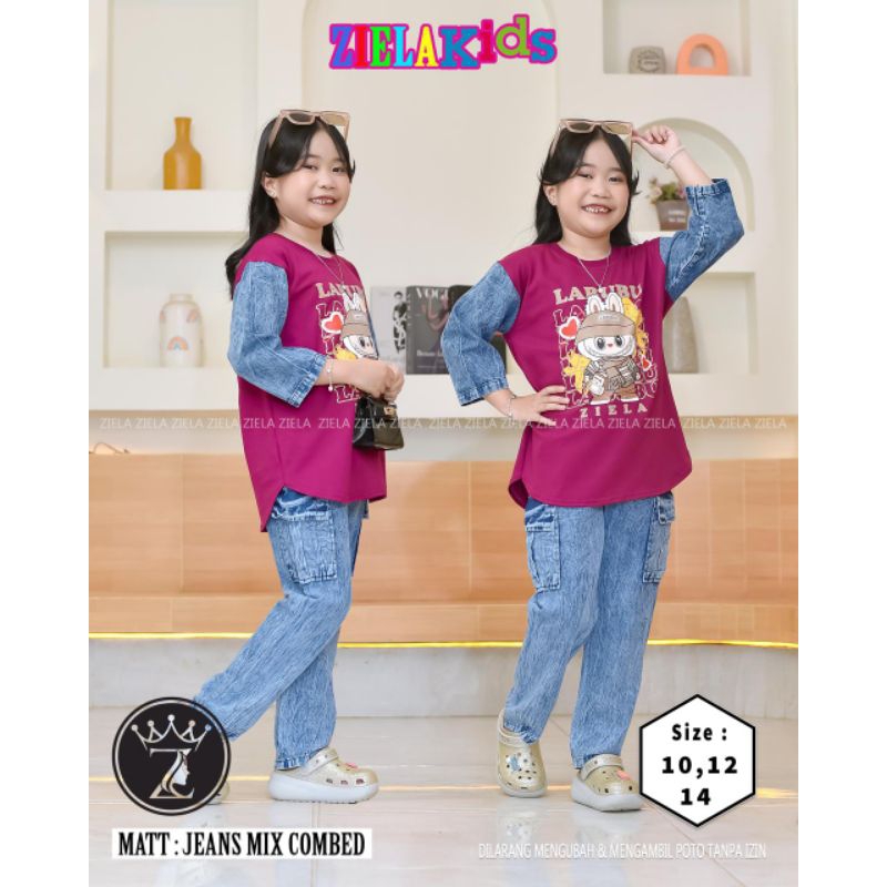 ONE SET CARGO LABUBU ORY ZIELA/SET CELANA LEVIS LABUBU/SETELAN ANAK GAMBAR KARAKTER