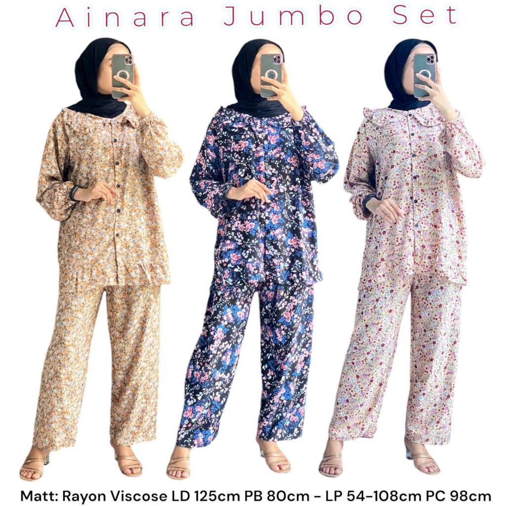 Setelan Wanita Rayon Jumbo LD 124 One Set Lengan Panjang Celana Panjang Motif Kekinian Iriana