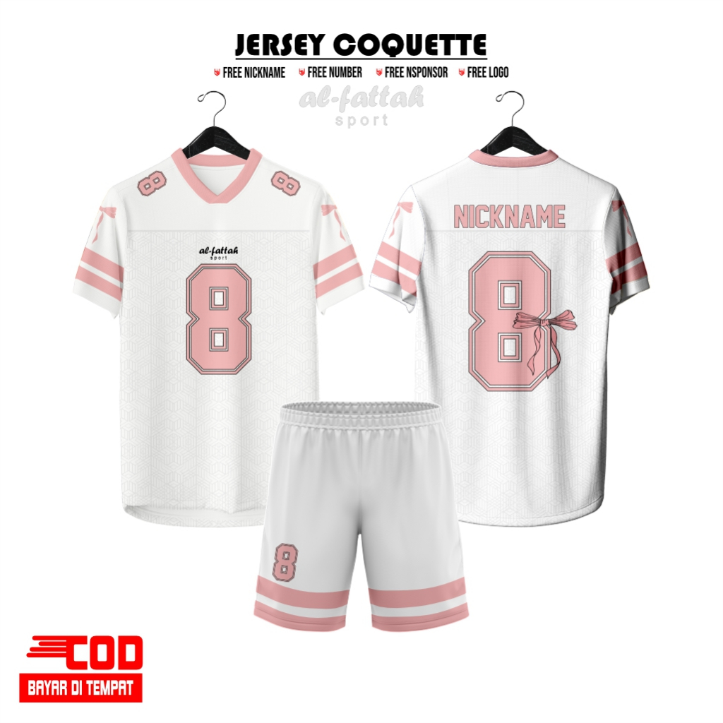 BAJU JERSEY COQUETTE RIBBON KEREN KOREAN PUTIH PINK FUTSAL / VOLY / TENIS PREMIUM GRATIS NAMA