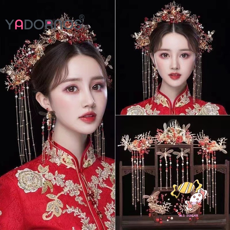 YADORNOS Tiara pengantin wanita menunjukkan pakaian Wo Toast pakaian kepala Tassel Phoenix Crown Acc