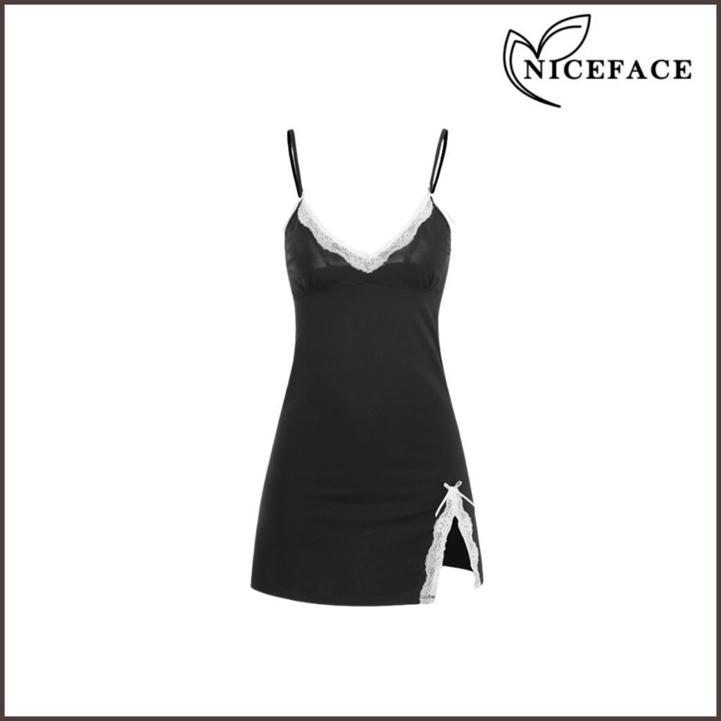 NICEFACE - Pakaian Baju Daster Pita Renda Bunga Baju Tidur Bahan Satin Sexy Elegan Fashion Korea