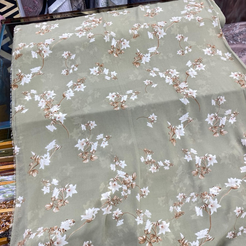 (50 CM) / JAYA TEXTILES Bahan Kain Chiffon BabyDoll Print Motif Bunga Sage Bahan Mewah Murah Premium