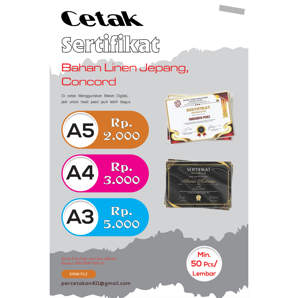 

Cetak Sertifikat A5, A4, A3 murah dan Cepat