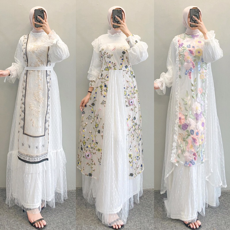 Viral  Elena - Dress Brokat / Gamis Kondangan Bahan Brukat Tile Bunga Bordir Gamis Putih Kasual