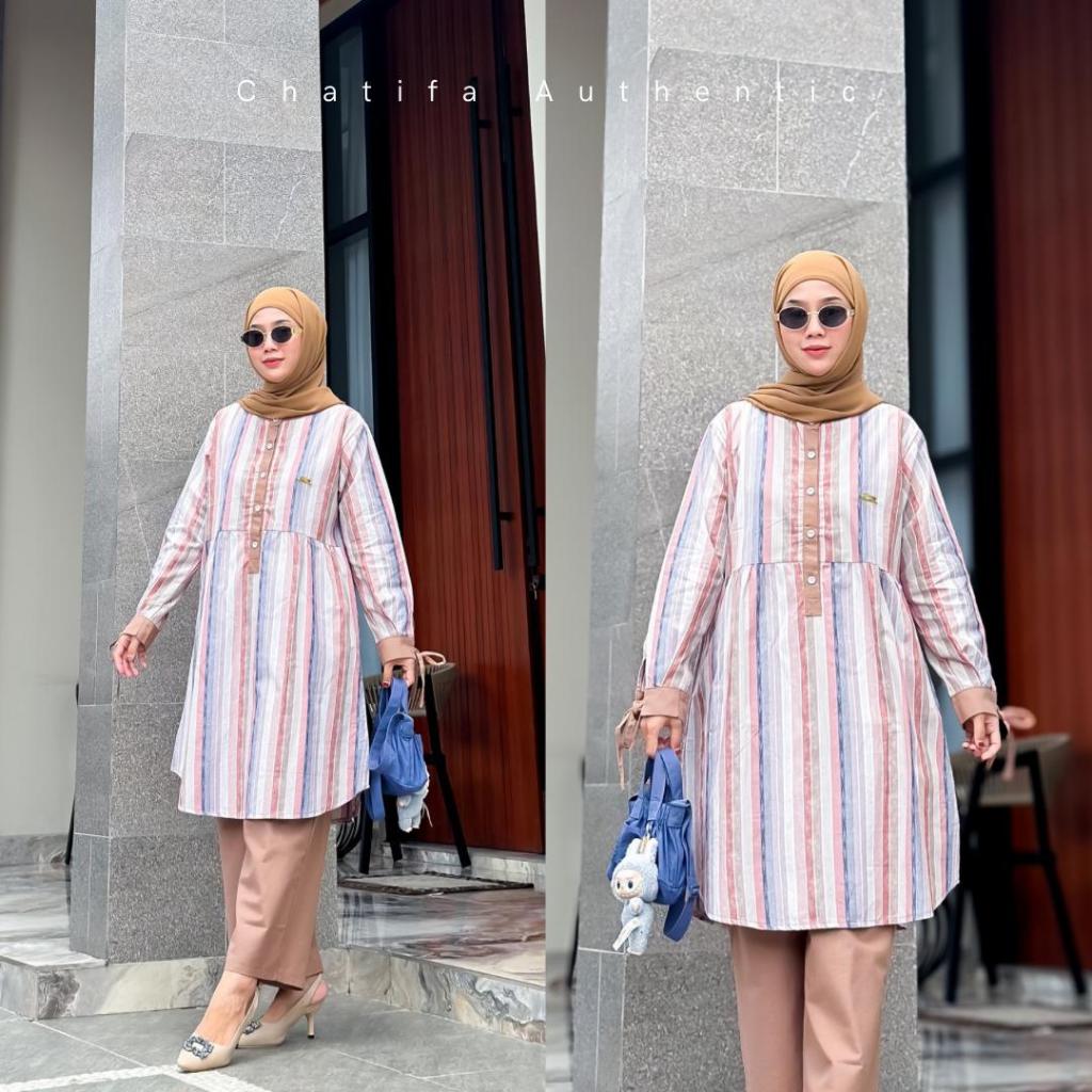 Chatifa Authentic|Setelan Chatifa Terbaru|Setelan Tunik Salur|Setelan Katun Triset Busui Wudhu Frien