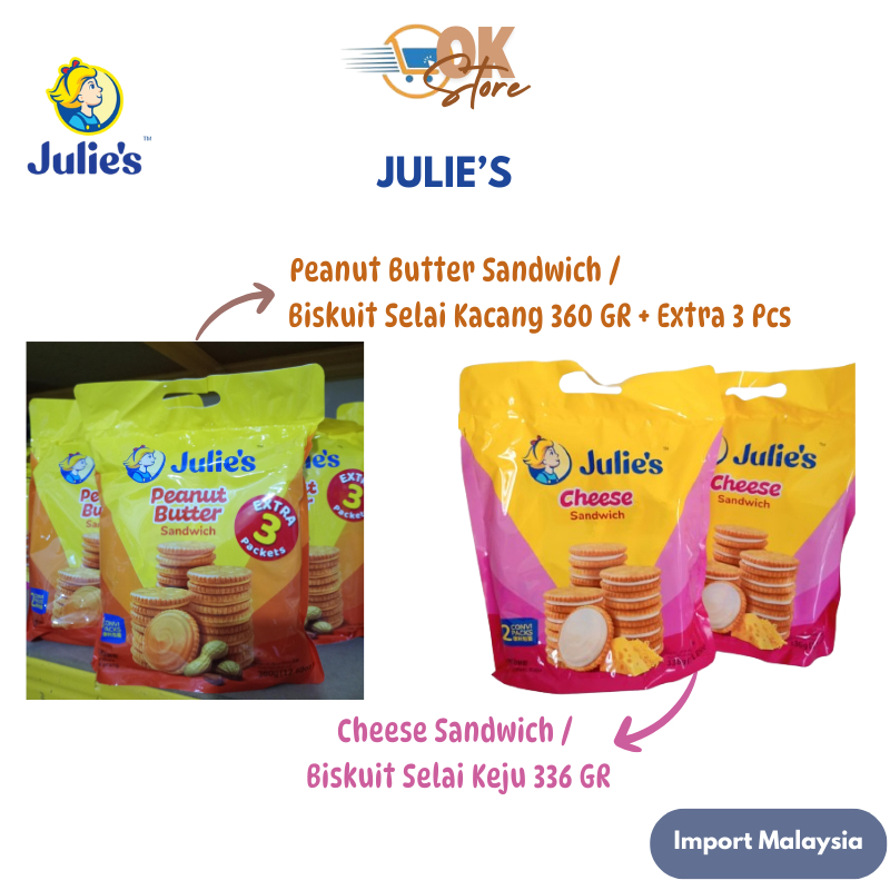 

Julie's / Julies Peanut Butter Sandwich 360 GR + Extra 3 Pcs & Cheese Sandwich 336 GR (Produk Import Malaysia)
