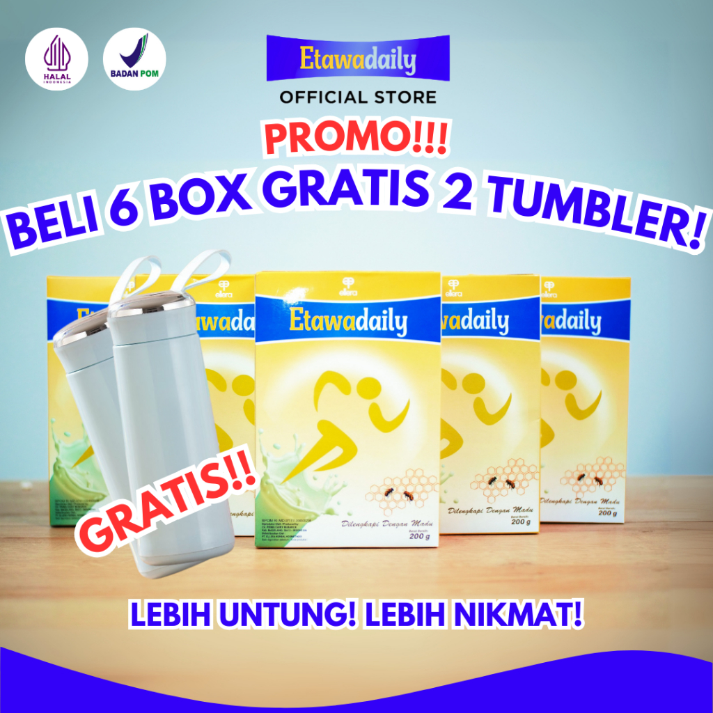 

PROMO TERBATAS!! BELI 6 BOX GRATIS 2 TUMBLER! | Susu Kambing EtawaDaily 200g