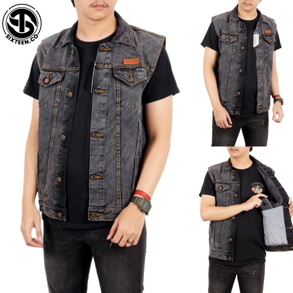 SIXTEEN - Rompi Jeans Pria Big Size Rompi Motor Klasik Denim Sandwash Gray Black Flower Country
