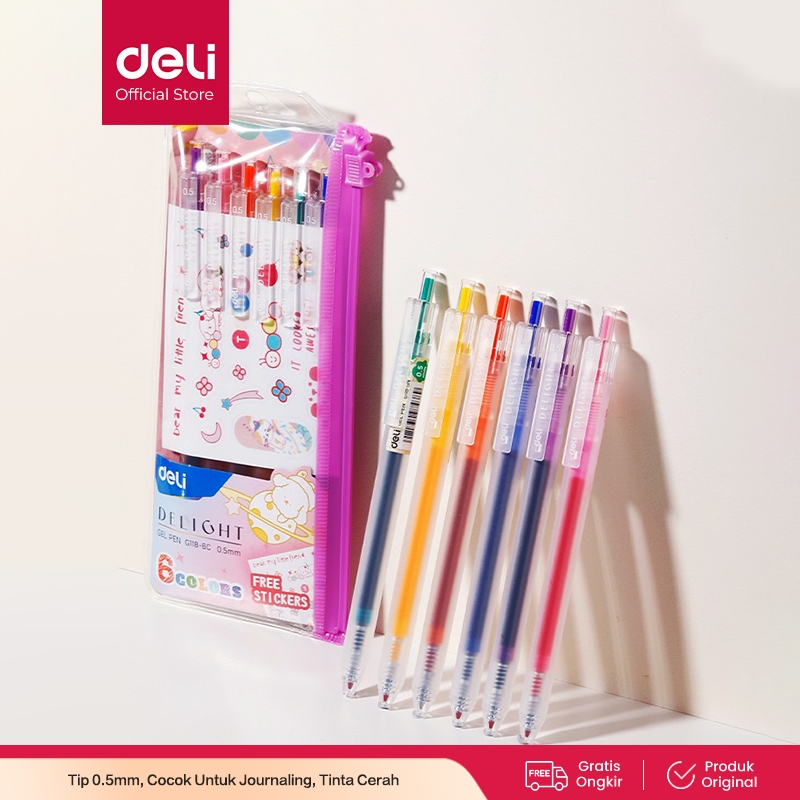 

Bolpoin Gelpen 0.5 mm Deli 6 Warna Deli School Gel Pen - Retracable Gratis Sticker Lucu Pulpen Sekolah ATK EG118-6C