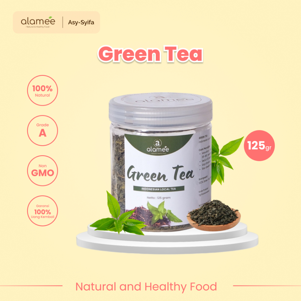 

ALAMEE Teh Hijau Green Tea Organic Kering Organik Greentea Minuman Herbal Siap Seduh Minum 125gr