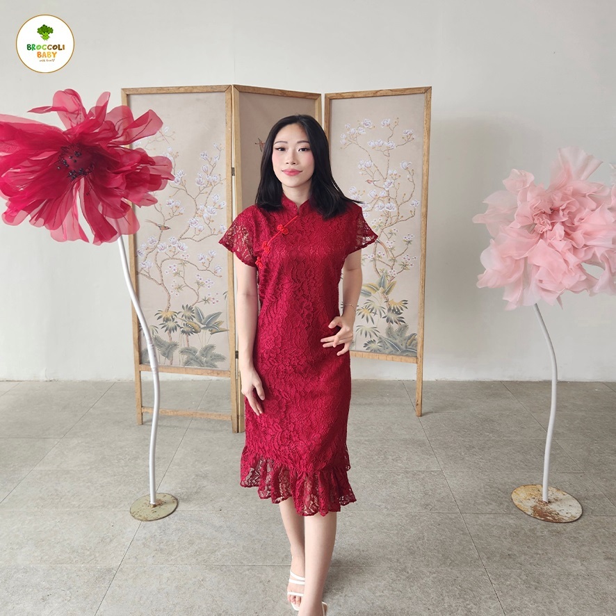 BROCCOLI BABY - Dress Imlek Cheongsam Brokat Lengan Pendek Wanita
