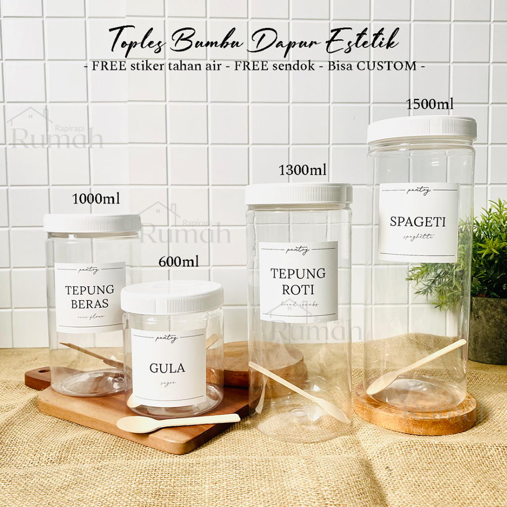 Toples Plastik Bumbu Dapur Estetik Tutup Putih 1300 ml - FREE Stiker & Sendok Kayu
