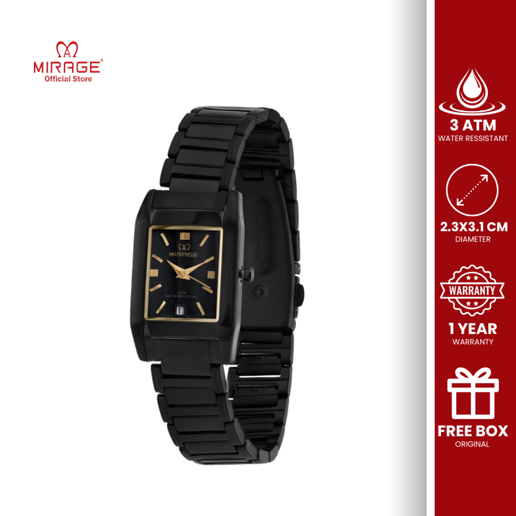 Mirage Watch Jam Tangan Wanita Petak Stainless Anti Karat Hitam List Rosegold Analog Original 7394 L