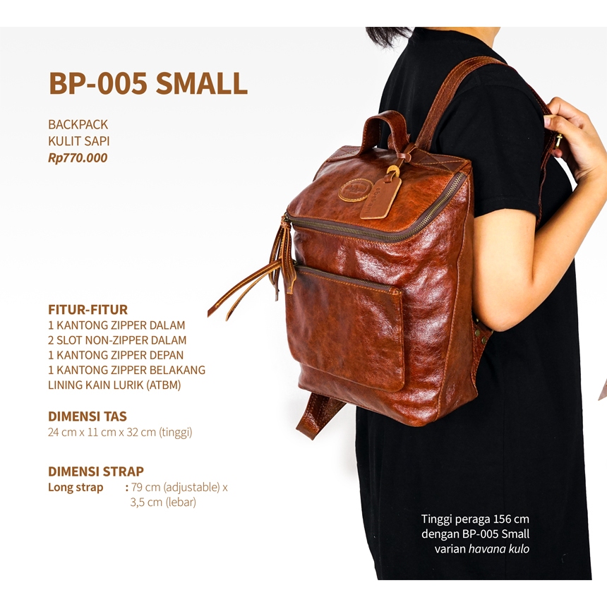 ABEKANI LEATHER  BP005 Small - Tas Ransel Kulit  Ukuran Kecil - Tas Punggung Kulit Sapi Asli  - Tas 