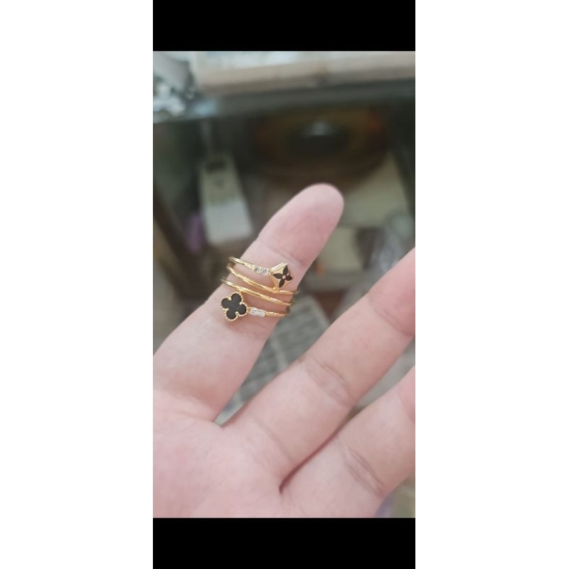 cincin bunga clover biru spiral emas asli 8k 375 mas muda