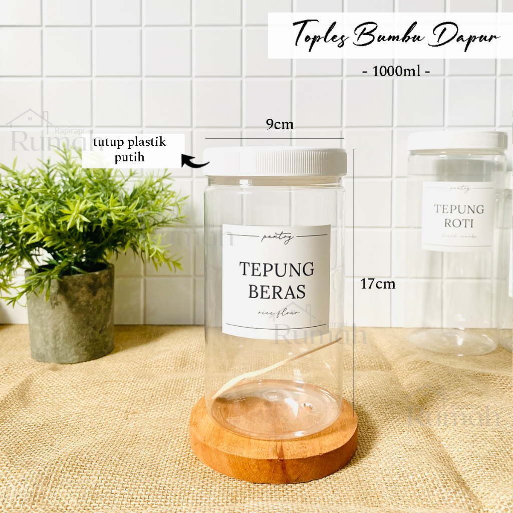 Toples Bumbu Dapur Estetik Tutup Putih 1000 ml - FREE Stiker & Sendok Kayu