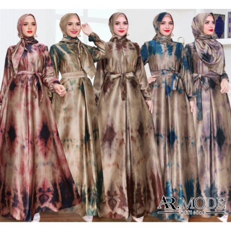 Gamis setelan HIJAB STYLE/GAMIS SILK BROWN MIX MOTIF ABSTRAK/JUMBO/BUSUI/ SIZE READY M DAN XXL