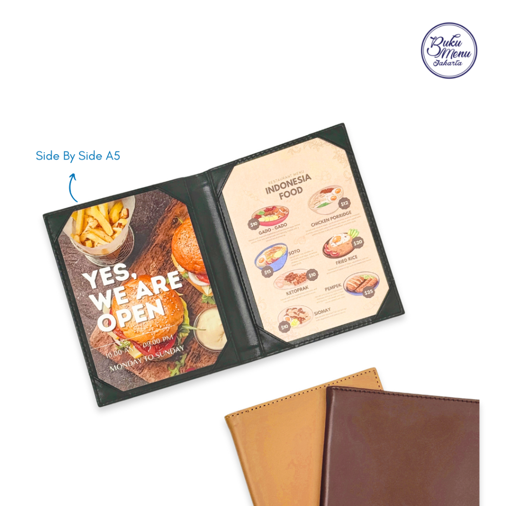 

ABmart Buku Menu Jakarta - Buku Menu Kulit Varian Cafe Series Side By Side (2 sisi) A4 dan A5 Coklat