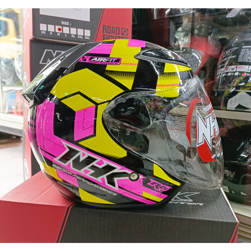 HELM NHK R6 CUBE BLACK YELLOW PINK NHK R-6 MOTIF CUBE ORIGINAL SNI