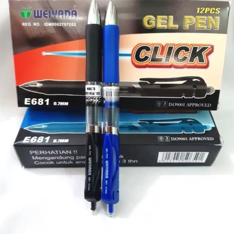 

(12pcs/1 lusin) Bolpen/Bolpoint/Ballpen/Pulpen/Gel Pen klik Weiyada E681 0.7mm (HITAM/BIRU)