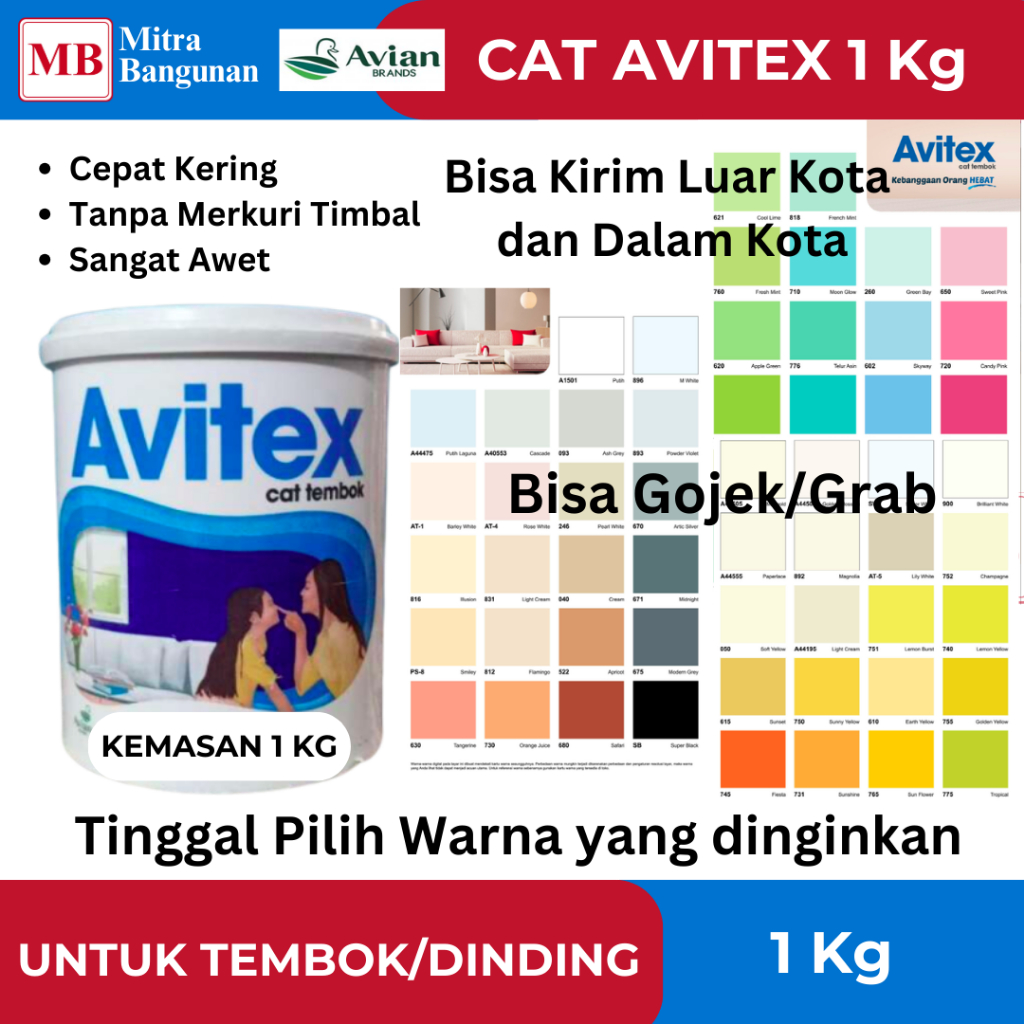 AVITEX AVIAN CAT TEMBOK / CAT AIR 1 KG WARNA PUTIH, MERAH, ABU, KUNING, HIJAU, ABU, HITAM,DLL