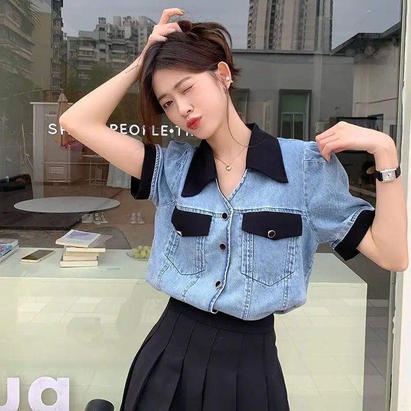 LO0 983-KEMEJA JEANS WANITA LENGAN PENDEK/KEMEJA & BLOUSE WANITA LENGAN PENDEK
