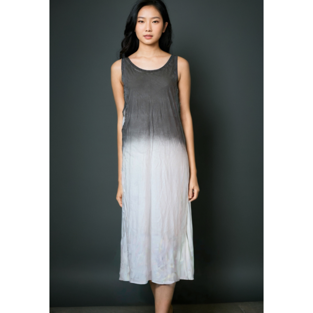 Dress Terusan Panjang Tie Dye Polos Abu Putih