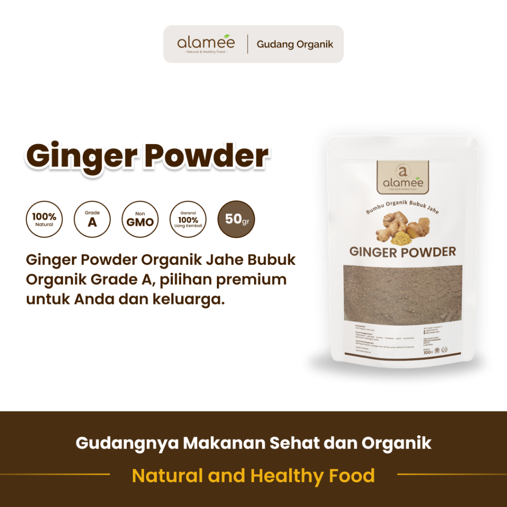 

alamee bumbu organik jahe 50 gram dengan rasa pedas dan aroma segar sebagai sumber antiinflamasi