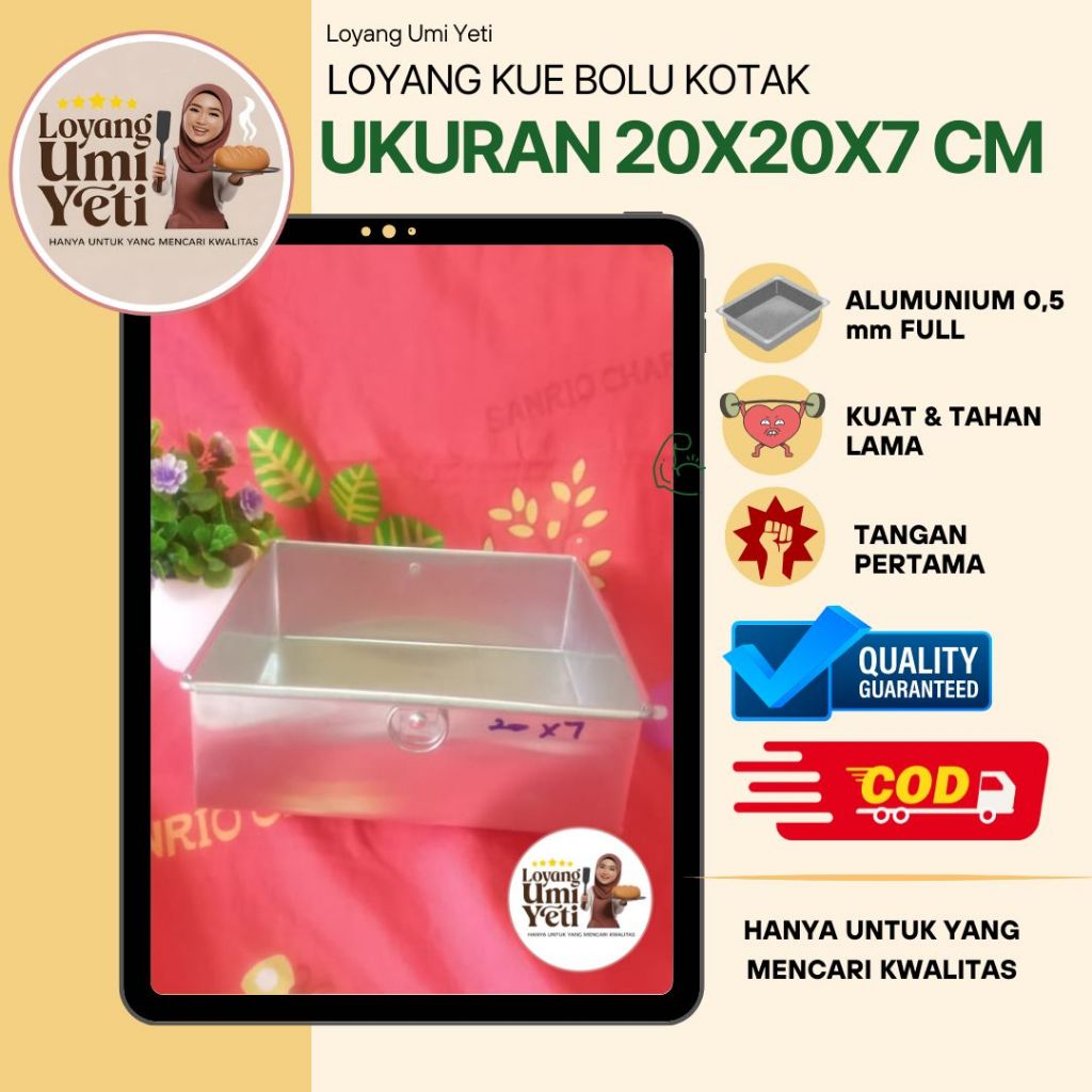 UKURAN 20X20X7 CM LOYANG KUE BOLU GULUNG CETAKAN KUKUS/PANGGANG/KERING KOTAK PERSEGI ALUMUNIUM TEBAL