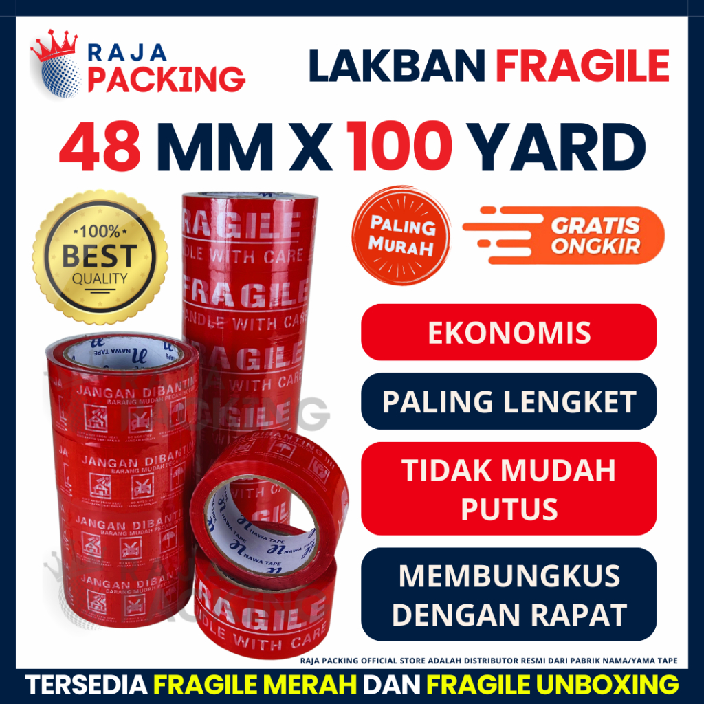 

Lakban Fragile Merah 2 Inch 100 Yard Ekonomis Jangan Dibanting 48 mm 100Y Eco BC (Satuan)