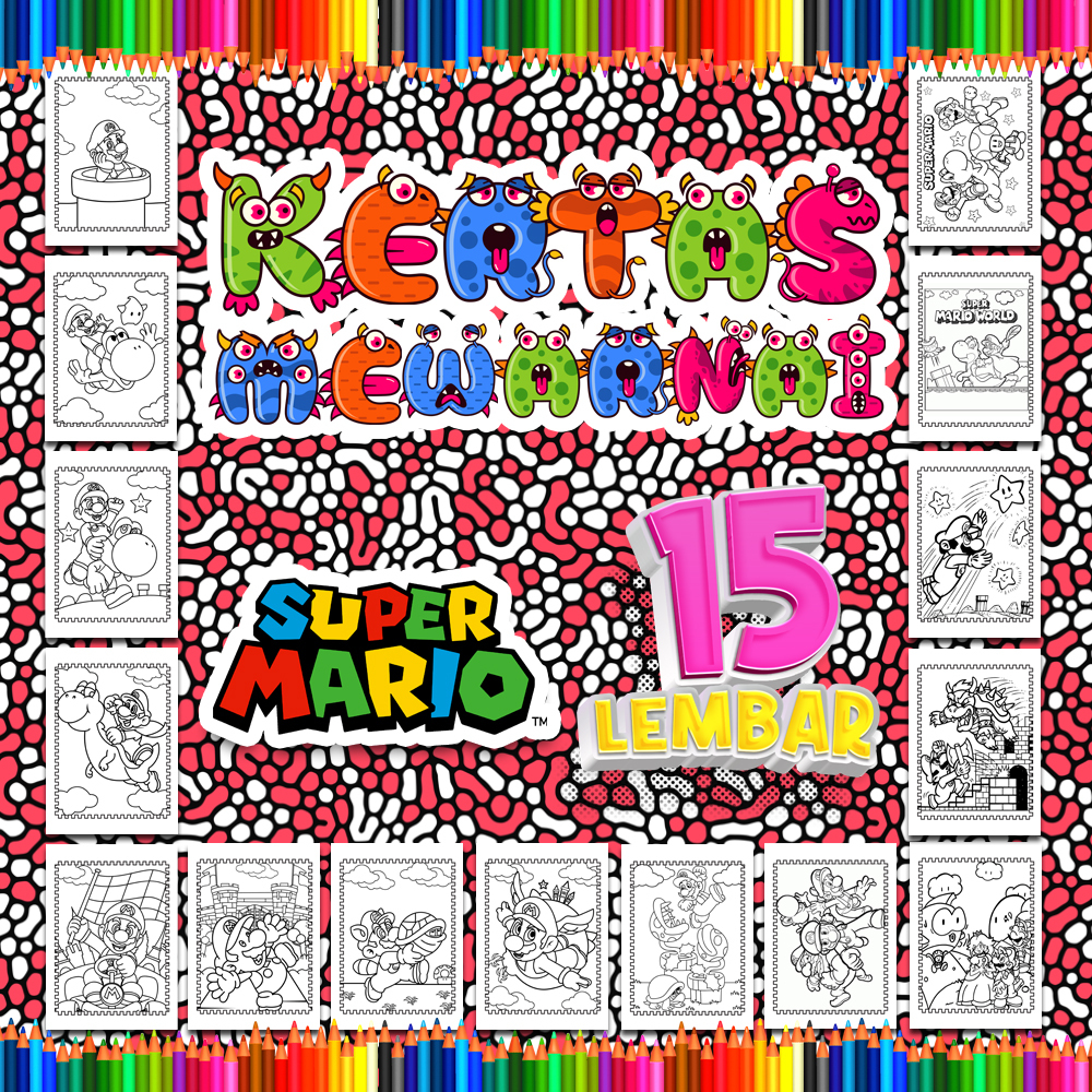 

Kertas mewarnai anak 15 Lembar. coloring worksheet paket lengkap sketsa Tema [Mario]