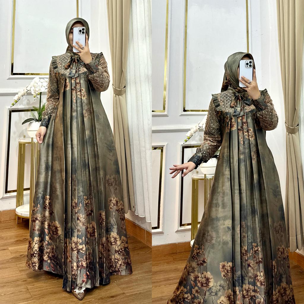 Zhea Fashion Gamis Claudia Motif Set Hijab Dress Pesta Terlaris Bahan Armany Brown Terbaru 2025