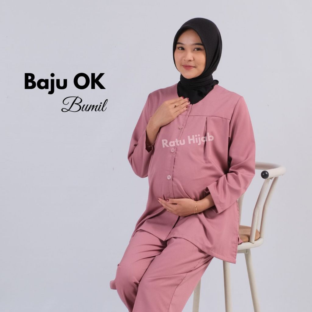 Baju Oka bumil maternity scrub ibu hamil perawat nakes  full kancing lengan panjang polos one set