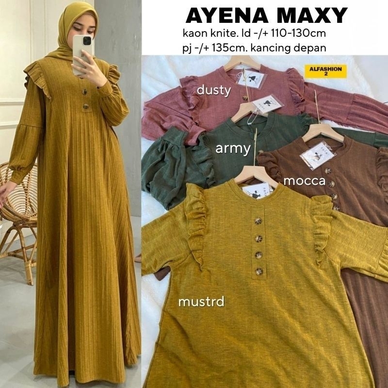 ayena Maxy warna dusty hijau army coklat mocca kuning mustard Maxi dress wanita muslimah bahan kaos 