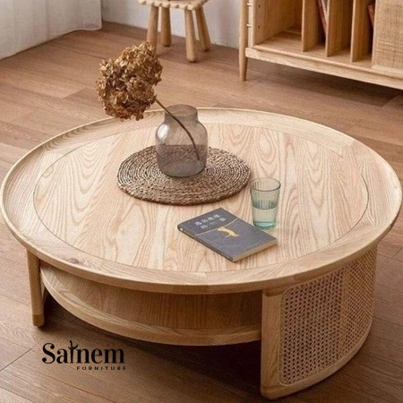 Meja Tamu Kayu Jati Asli Mix Rotan | Meja Tamu Kayu Jati Asli Gaya Jepang Natural Kayu | Meja Tamu M