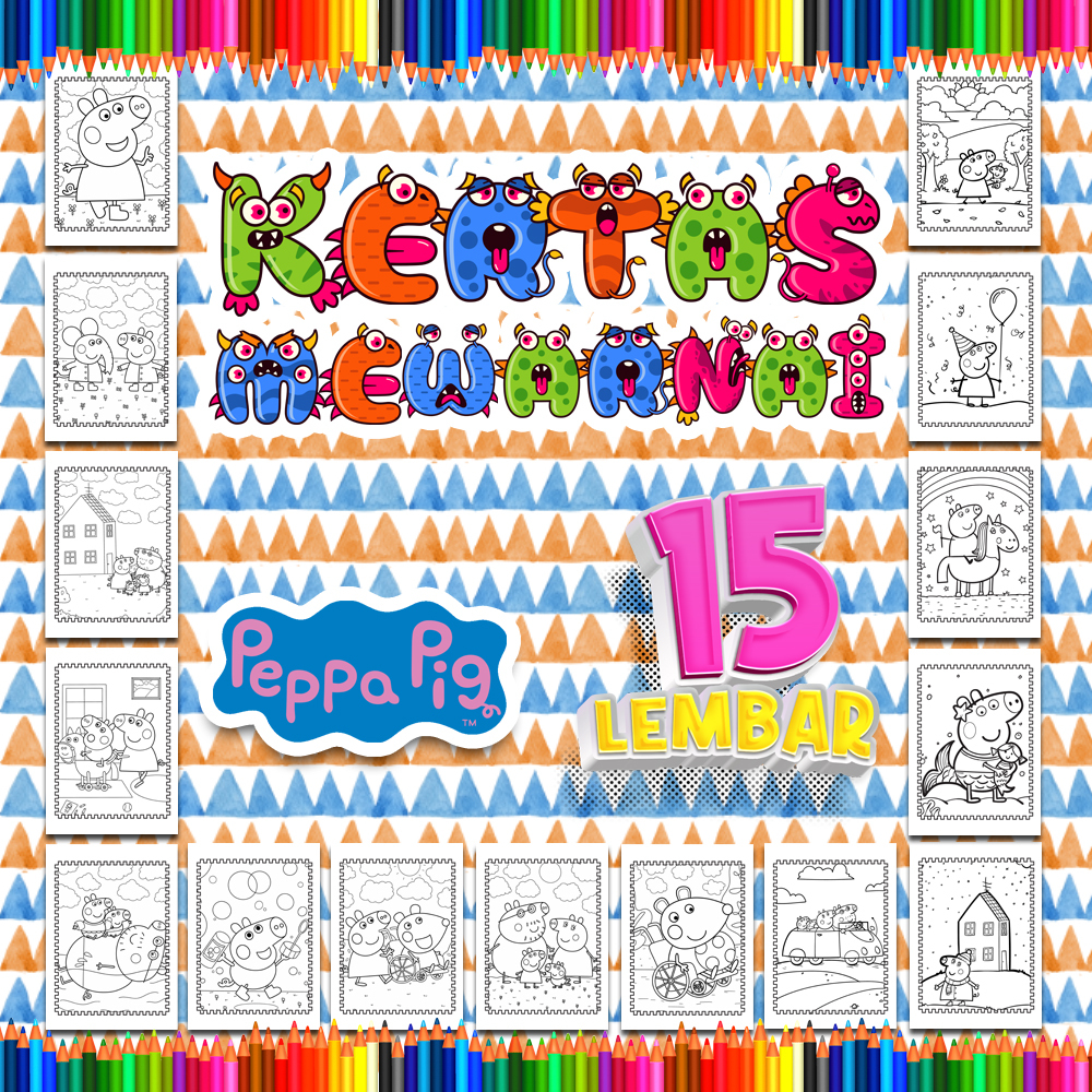 

Kertas mewarnai anak 15 Lembar. coloring worksheet paket lengkap sketsa Tema [Peppa Pig]