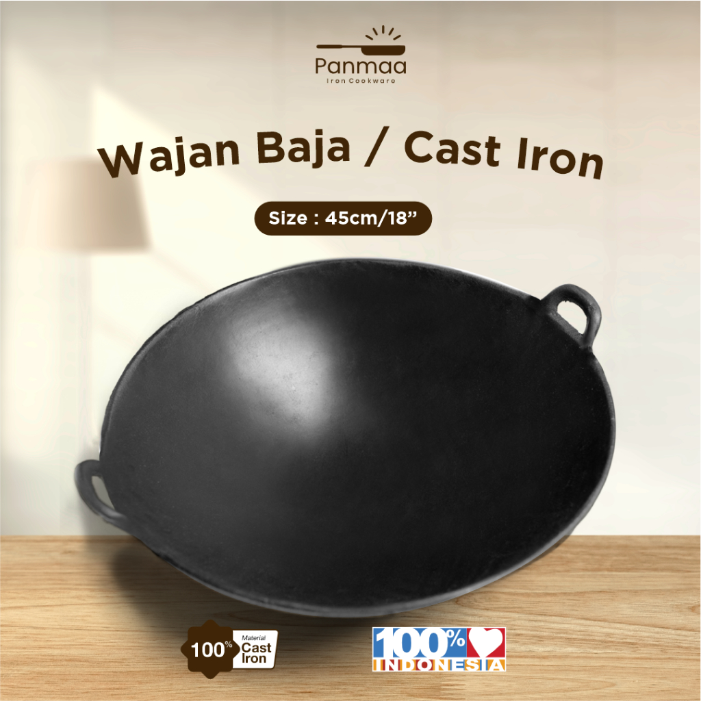 Wajan Baja Cor Seasoned 18” (45cm) Tebal Anti Lengket/Kuali Besi Cor/Cast Iron/Wajan Penggorengan