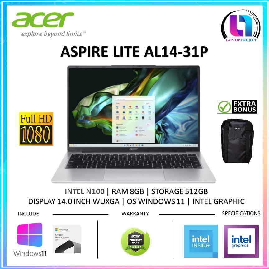 Laptop Acer Aspire Lite Al14 Intel N100 Ram 8gb 512gb Ssd Windows11 14.0 inch Wuxga