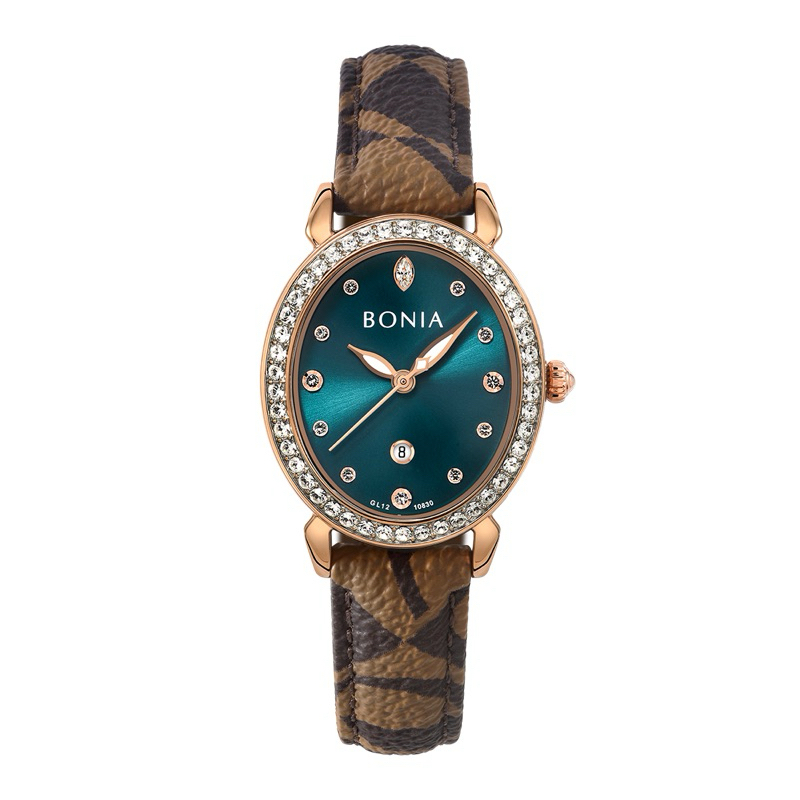 Bonia Monogram BNB10771 Brown Monogram Leather Strap Women Watch