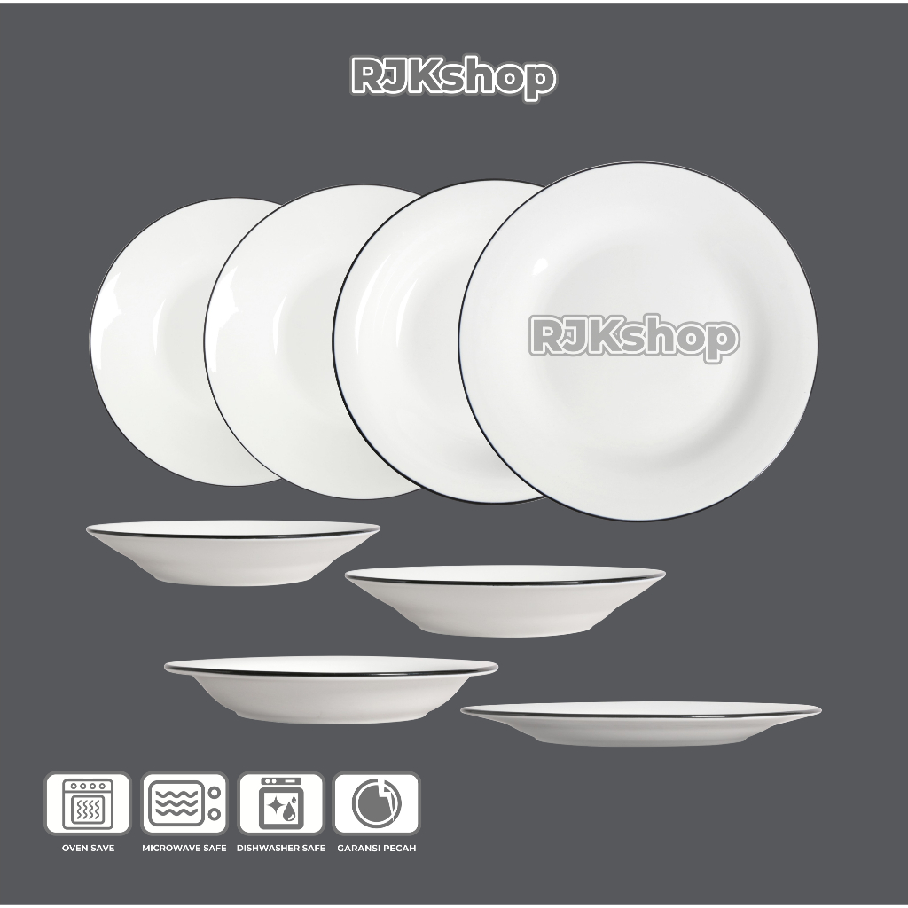 RJKSHOP PIRING KERAMIK MAKAN POLOS LIST HITAM / PIRING SAJI BUAH POLOS BLACK LINING