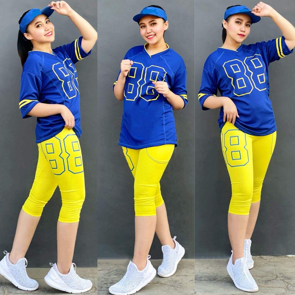 Setelan Baju Senam Olahraga 88 Raglan Biru Kuning Senam Training Pendek Wanita Indoor Outdoor