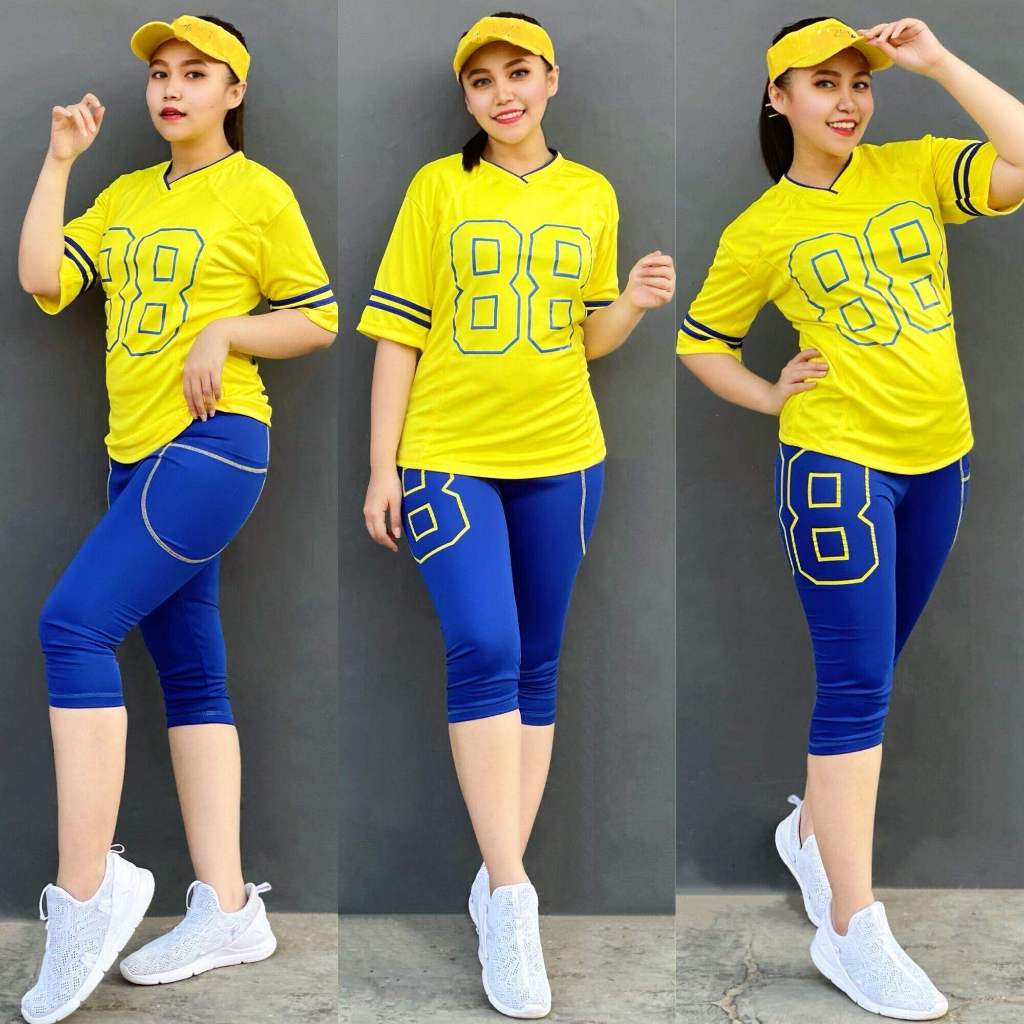 Setelan Baju Senam Olahraga 88 Raglan Kuning Biru Senam Training Pendek Wanita Indoor Outdoor