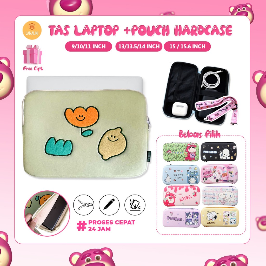 Bundling Tas Laptop Wanita + Pouch Hardcase Multifungsi 9 11 13 14 15.6 16 inch New Macbook Air M3 M