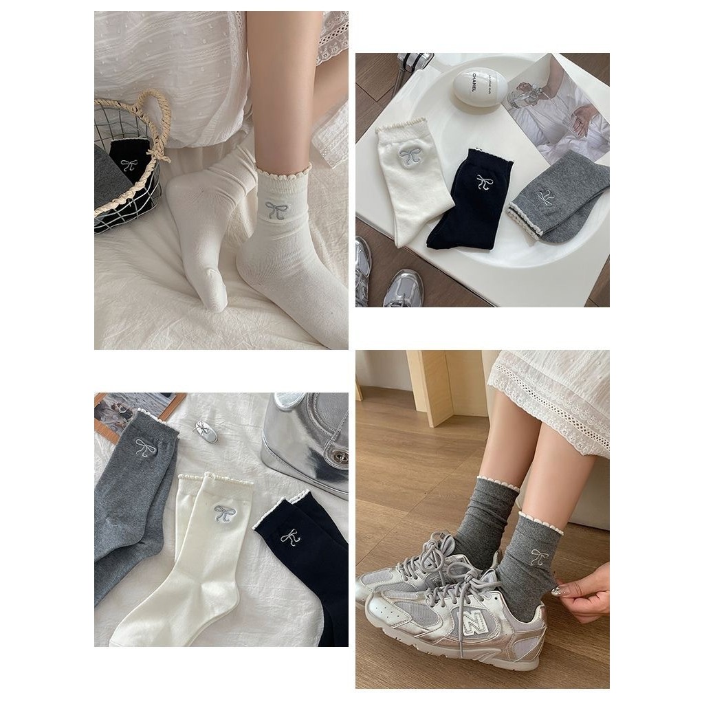 HD78 Kaos kaki wanita ruffle motif pita cute lucu Women socks model korean socks dewasa tinggi atas 