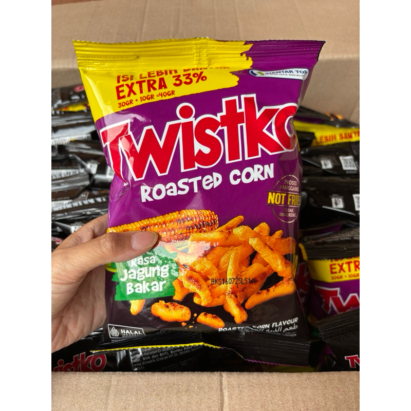 

agen distributor makanan ringan cemilan snack ultah anak ciki twistko roasted corn rasa jagung bakar proses panggang not fried murah berkualitas