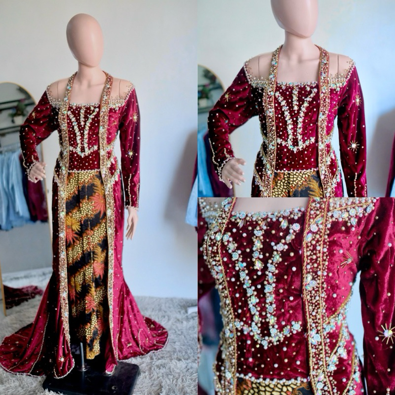 KEBAYA PENGANTIN BLUDRU MARON,KEBAYA PENGANTIN,KEBAYA PENGANTIN MODERN MEWAH ELEGAN,KEBAYA PENGANTIN