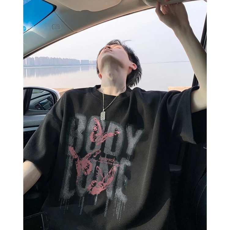 KODE M74H HIGH RAIN baju pria oversize Kaos Pria Alphabet Butterfly Baju Distro Original 1 Retro Sty