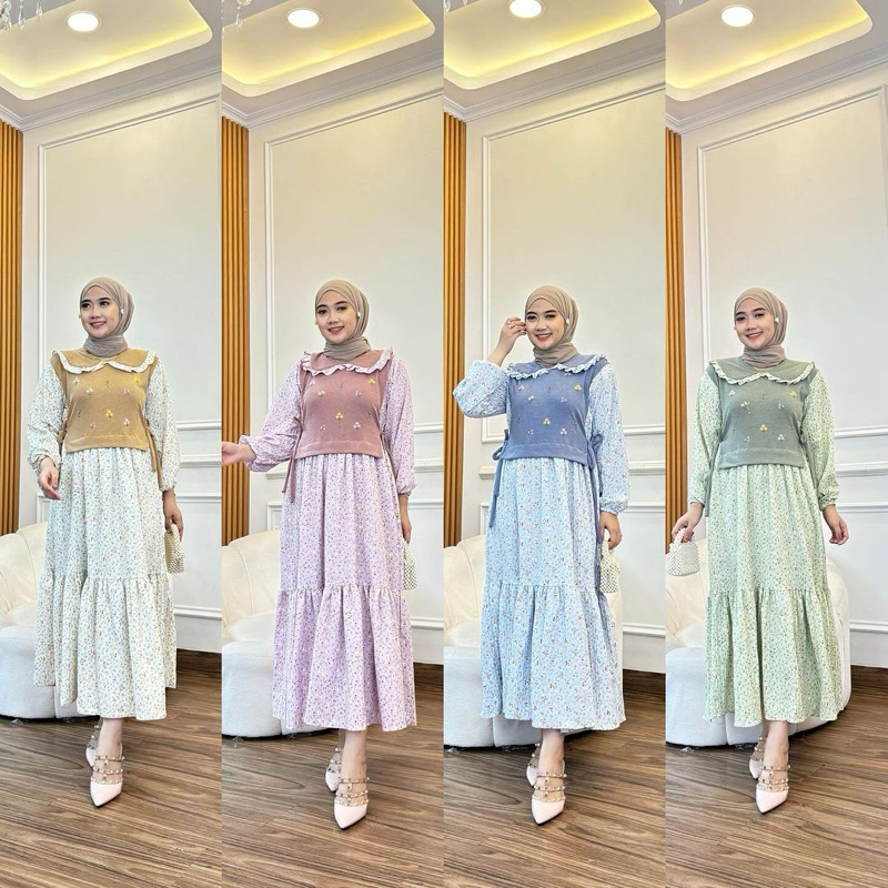 MIDI DRES WANITA KNIT MOTIF BUNGA TERBARU